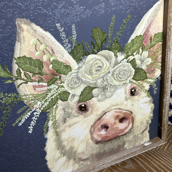 NEW! Cottage Farmhouse Rustic Wood Frame Farm Pig Glitter Floral Rose Crown Art - Picture 4 of 9